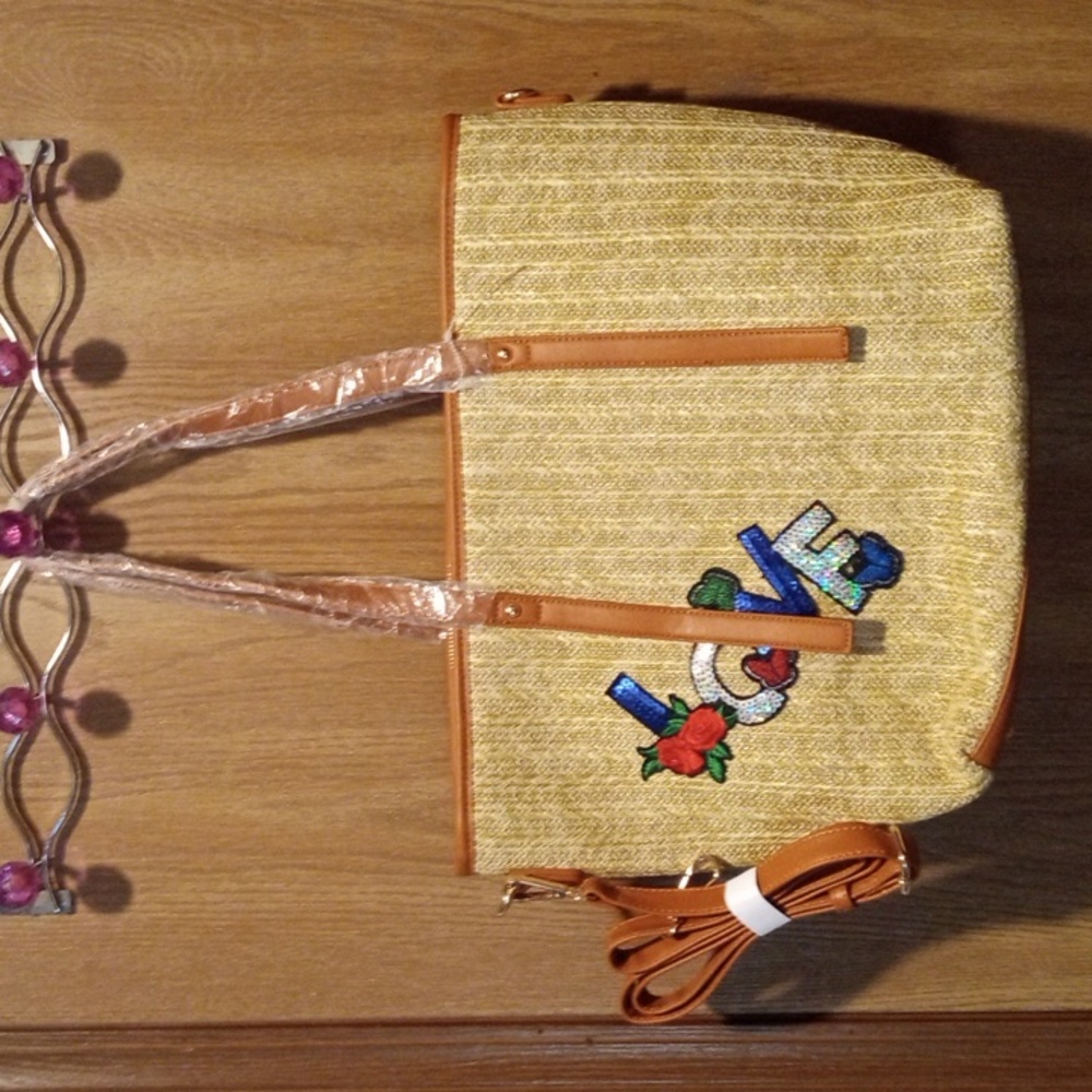 NEW! MKF Mia Collection Straw Love Tote  W/ Crossbody Strap